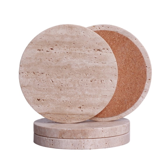CASACOUTURE-Travertine-Stone-Coasters Set of 4-Round -4" Diameter Drink Coasters for Housewarming Gift, Desktop Protection Suitable for Various Cups - Sturdy and Durable Aesthetics