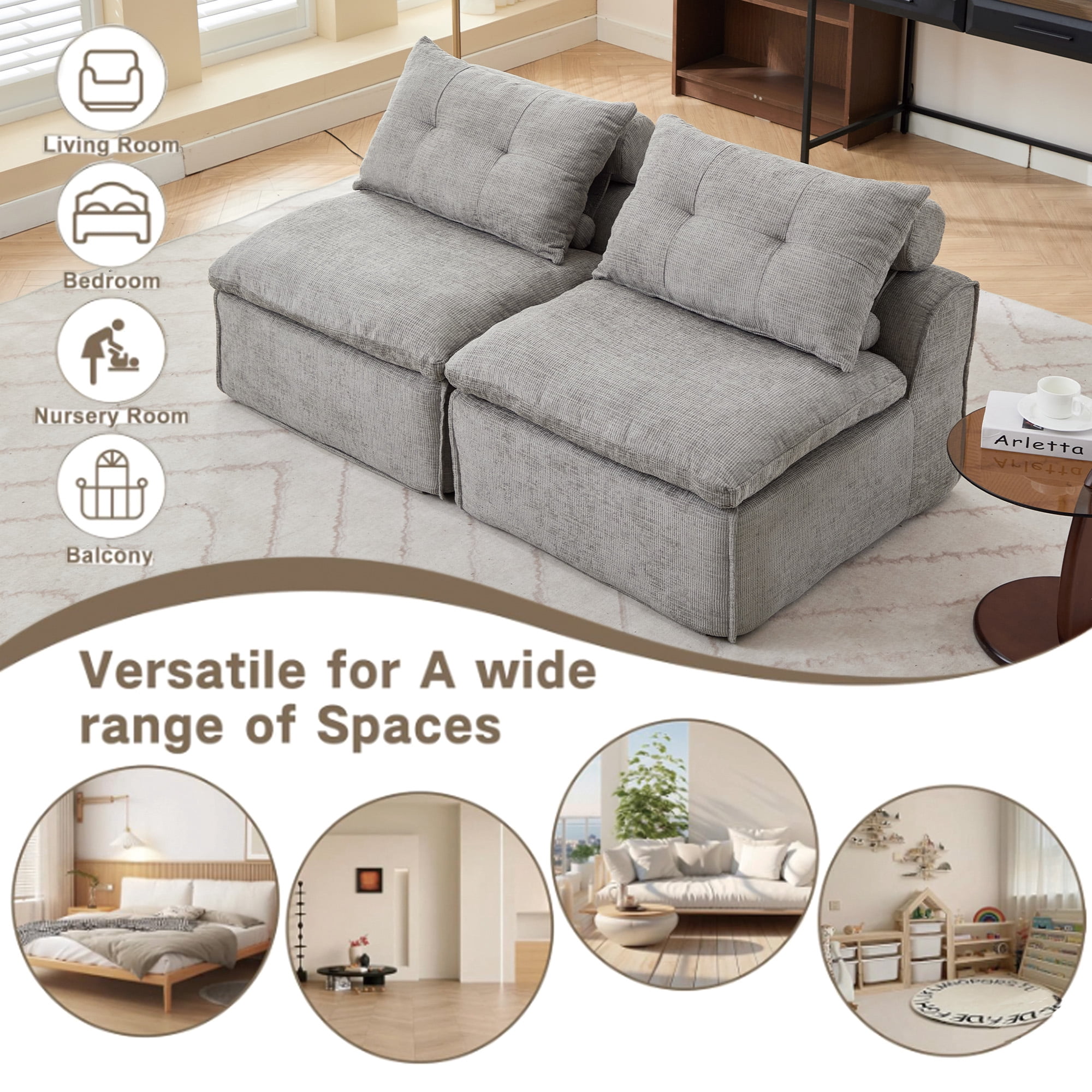 MOONMISS 2-Seat Modular Corduroy Sofa Neck Lumbar Pillows DIY No Armrests for Apartment,Gray