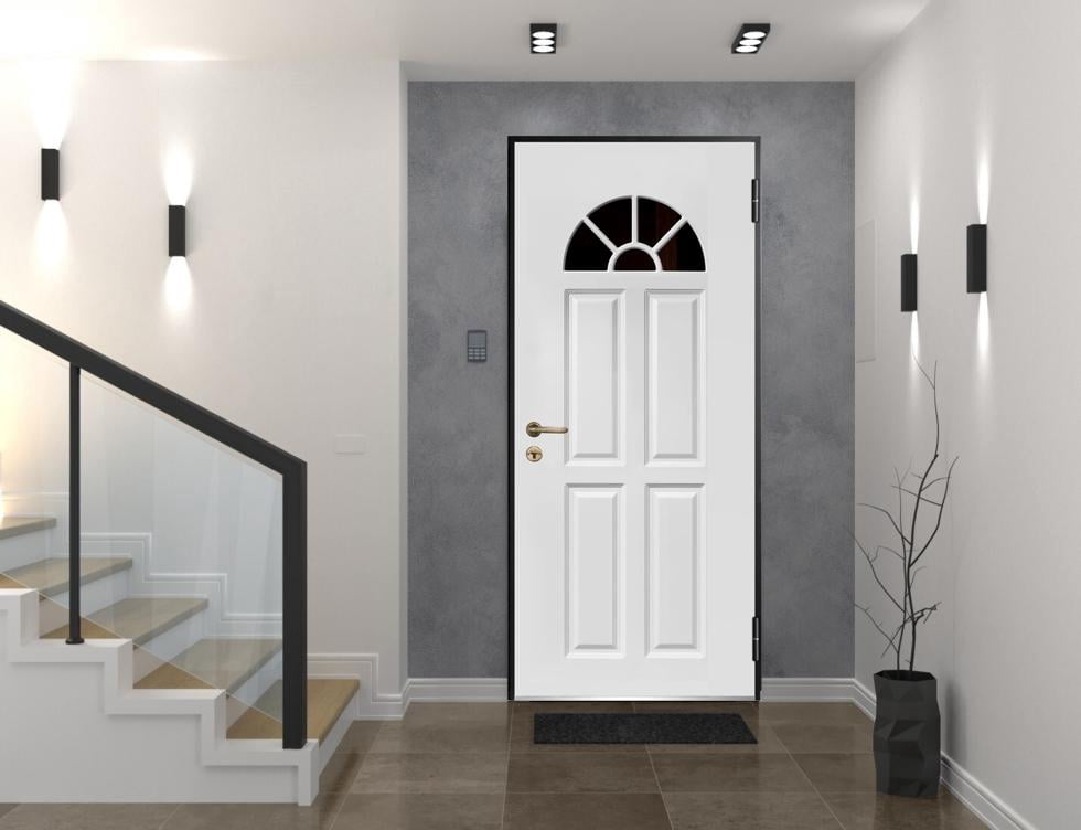 Front Exterior Prehung Glass Steel Door 36 x 80 inches Left-Hand Inswing / Ballucio 1788 Dark Brown Oak / Panel Inserts Single Classic Painted White