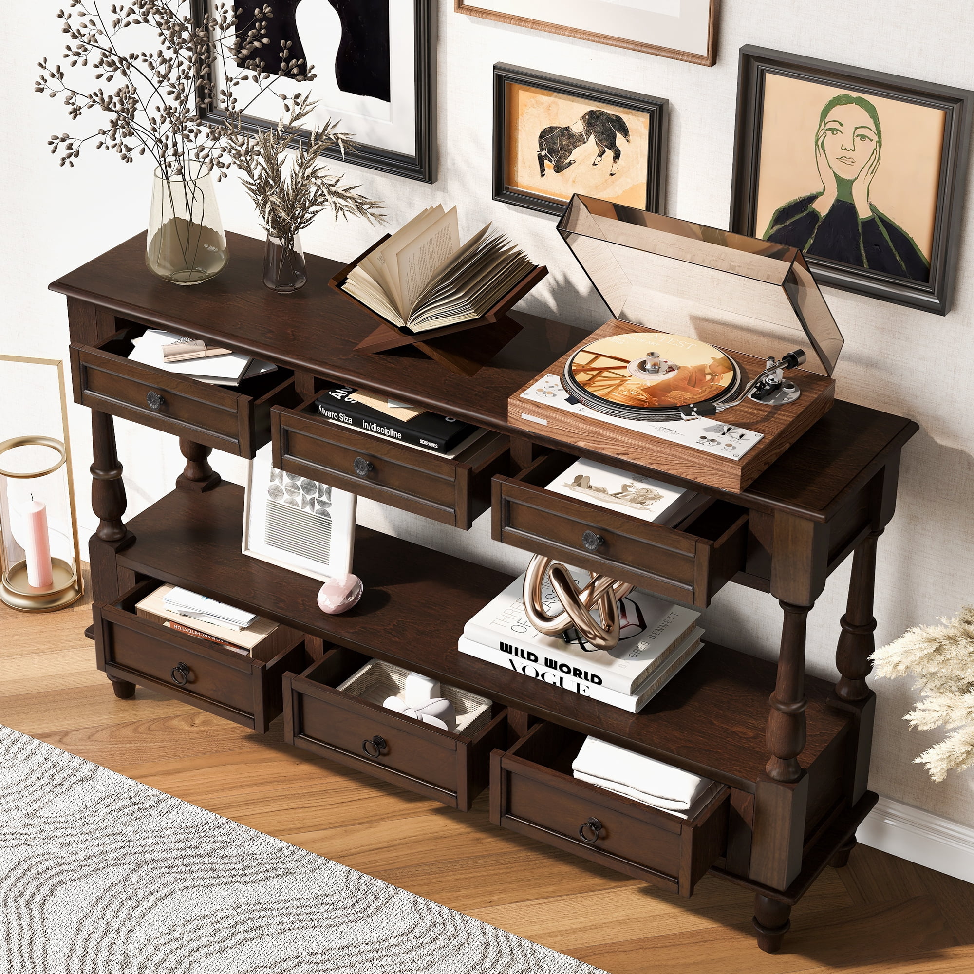 BFJDM 54" Solid Wood Farmhouse Console Table, Espresso with 6 Drawers Storage Shelf for Living Room Hallway