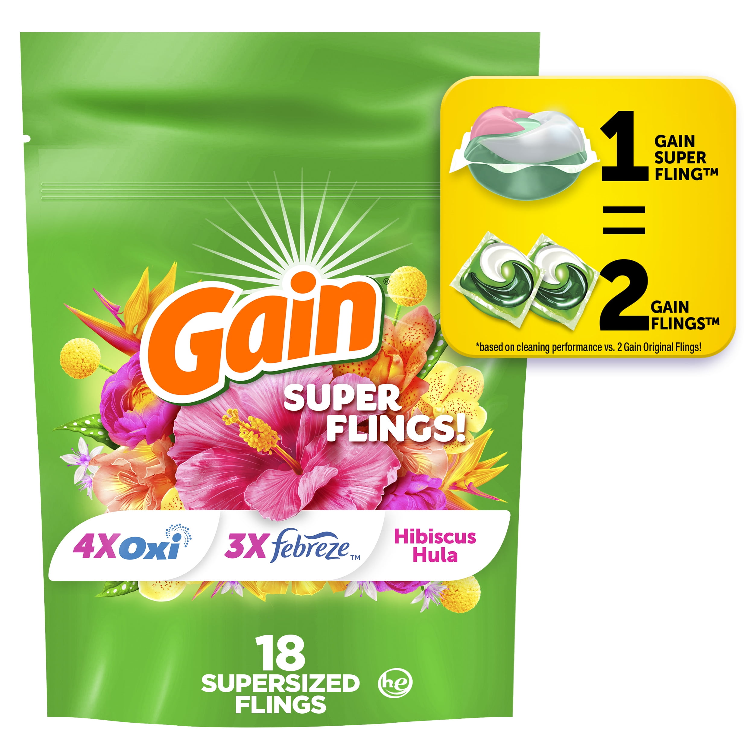 (4 pack) Gain Plus Flings Laundry Detergent Soap Pacs, All-In-One, Happy Hibiscus Scent, 18 Count