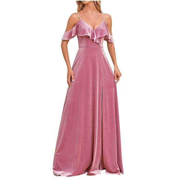 Lovskoo 2024 Wedding Guest Dresses for Women Evening Gown Off Shoulder Front Lace Up Ruffle Split Long Evening A-Line Velvet Bridesmaid Party Dres Cocktail Dresses 2023 Pink