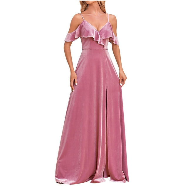 LSLJS Women's Sexy Off Shoulder Front Lace Up Ruffle Split Long Evening A-Line Velvet Bridesmaid Party Dres