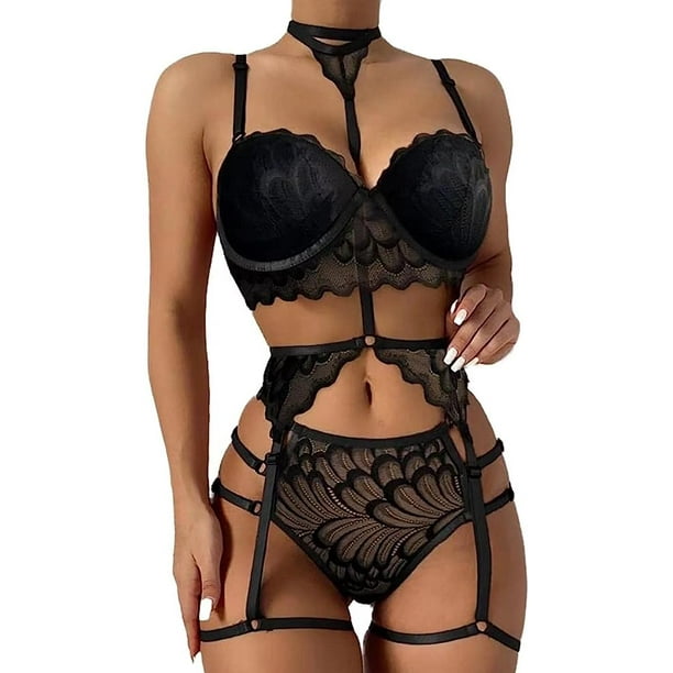 LYPERLA Baby Doll, Conjunto de lencería de Encaje para Mujer con Cinturones de Liguero, Sujetador y Bragas, sostén y Tanga, Body Ropa de Noche, Bodysuit Sexy y Elegante. brillar Electrónica