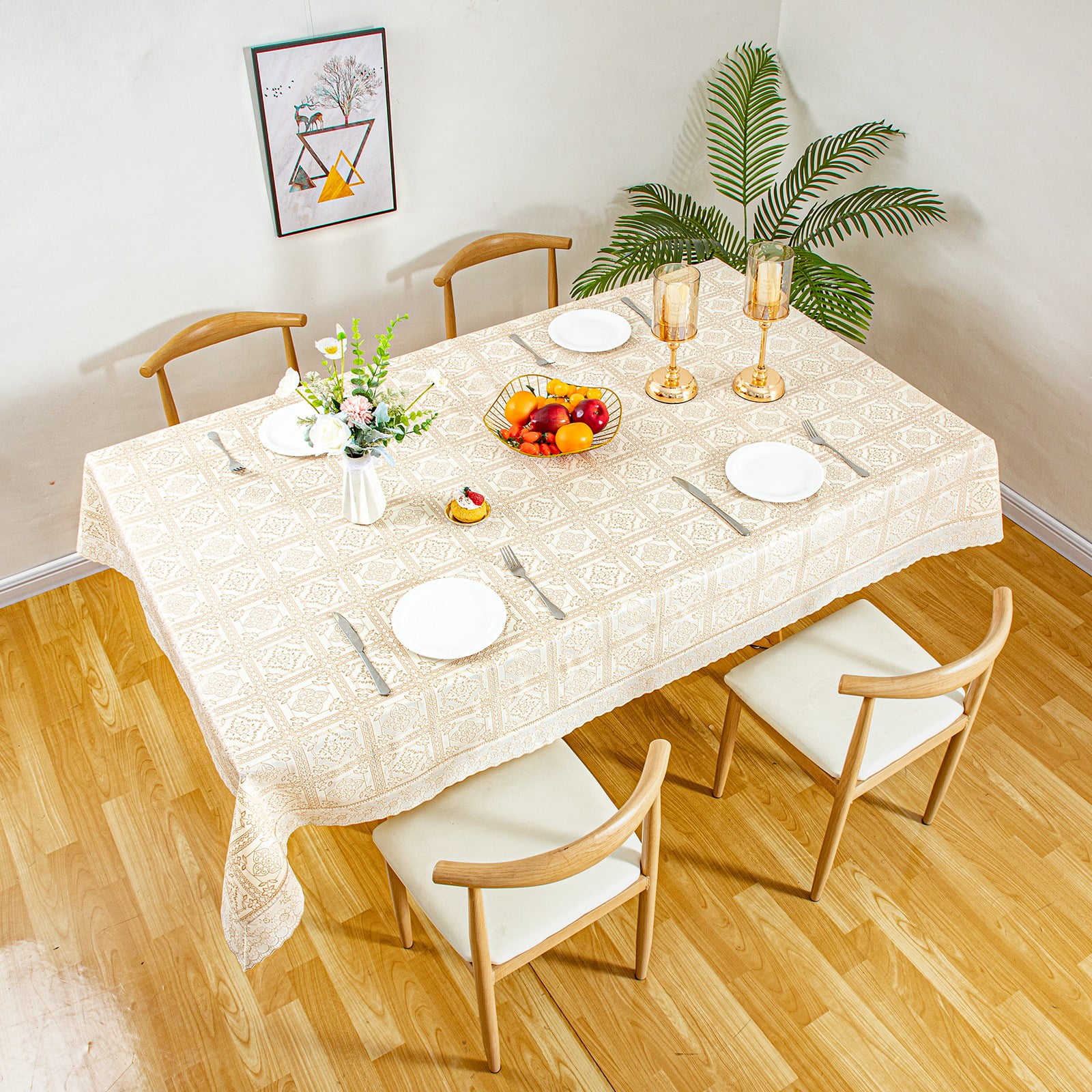 Ray Star 100% Waterproof Beige PVC Classicial Tablecloth 52x70in, Vinyl Table Cloth Cover Oil Proof Spill Proof Wipeable Table Cloths for Indoor and Outdoor Use