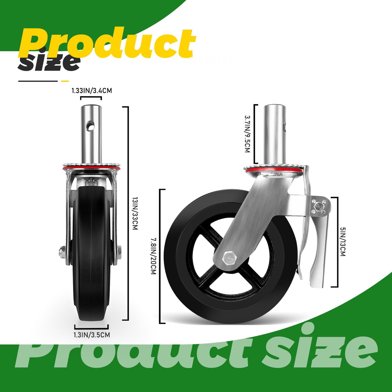 Heavy Duty Caster Wheels with Side Brakes – Set of 4, 1100 lbs Each / 4400 lbs Total, Dual Locking Brake Swivel & Wheel, Thickened Steel Plate Rubber Wheels for Workbench, Furniture, Equipment