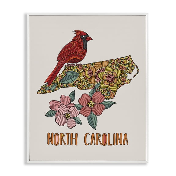 Stupell Industries Eclectic North Carolina Cardinal Detailed Floral State Pattern White Framed Giclee Art, 16 x 20, by Valentina Harper