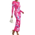 thumbnail image 2 of Women'S Bodycon Maxi Dress Fashion Long Sleeve Floral Print Tight Fitted Party Club Ruched Dresses Rose Red M, 2 of 9