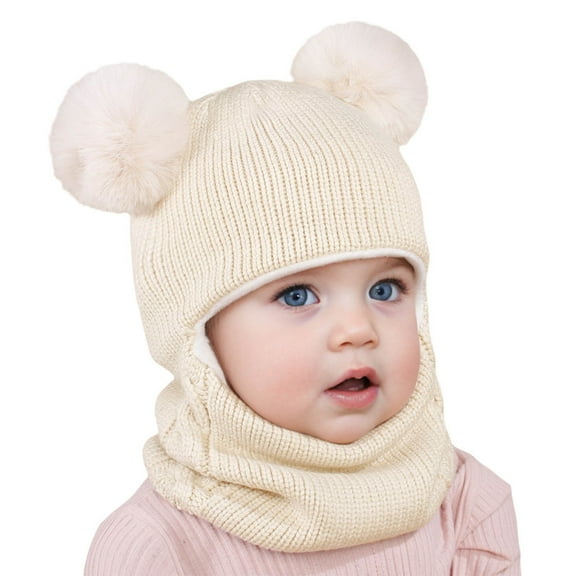 Baby Winter Knit Hat with Soft Pom Poms, Toddler Pullover Style Beanie with Integrated Neck Warmer, Cute Animal Ear Design Fleece Lined Cap for Infants and Kids Cold Weather Protection - Beige