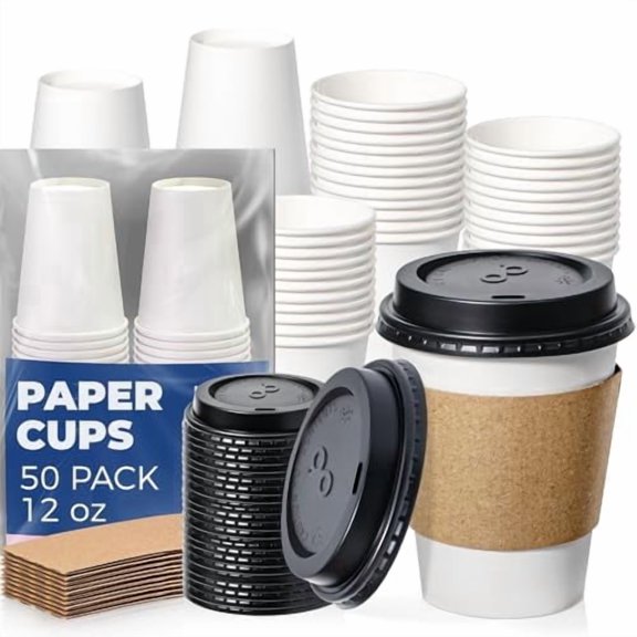 Fit Meal Prep 50 Pack 12 oz Disposable Coffee Cups with Lids, Sleeves, Leak-Proof To Go Coffee Cups with Lids, Durable Paper Cups for Hot Beverage, Home, Office, Party