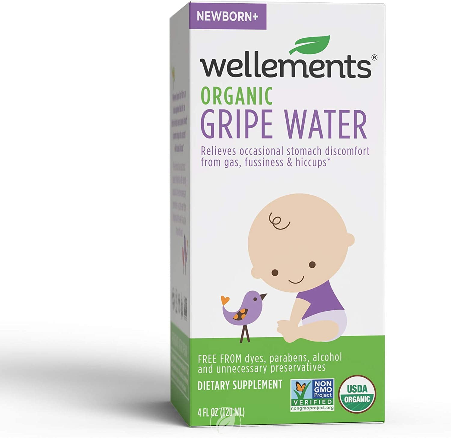 Wellements Organic Gripe Water, 4 Fl Oz, Eases Baby's Stomach Discomfort  and Gas, Free From Dyes, Parabens, Preservatives 