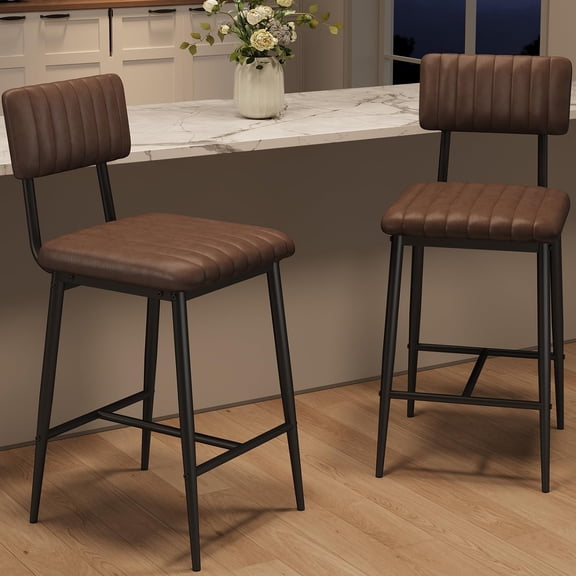 Bar Stools Set of 2, Tall Bar Chairs with Thick Cushion & Thickened Metal Legs, PU Leather Counter Height Barstools w/Backrest and Footrest, for Island, Counter Bar, Kitchen
