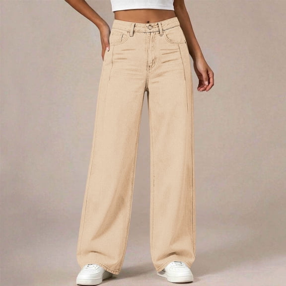 LUGOGNE Girls Denim Pants High Waisted Relaxed Fit Jeans with Pockets - Kids Back to School Clothing Khaki,Size 11