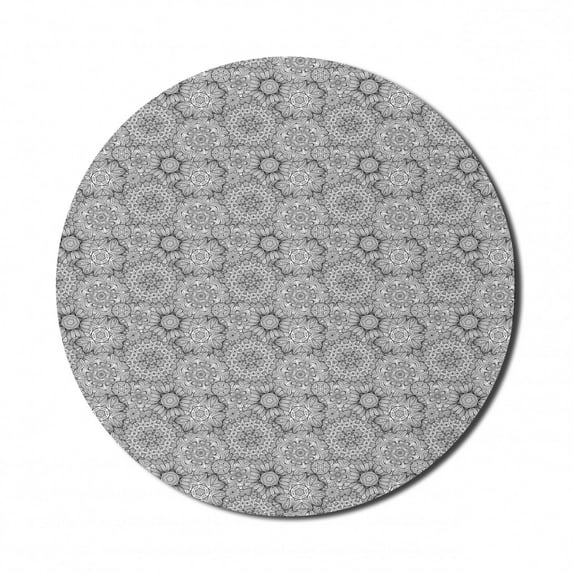 Floral Mouse Pad for Computers, Hand Drawn Blossom Pattern with Featured Eastern Lines and Curved Stripes, Round Non-Slip Thick Rubber Modern Gaming Mousepad, 8" Round, Black White, by Ambesonne
