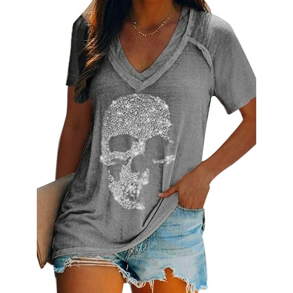 ORQ Women Casual Solid Color Tops Loose V-Neck Blouse Short Sleeve Basic Summer T-Shirt