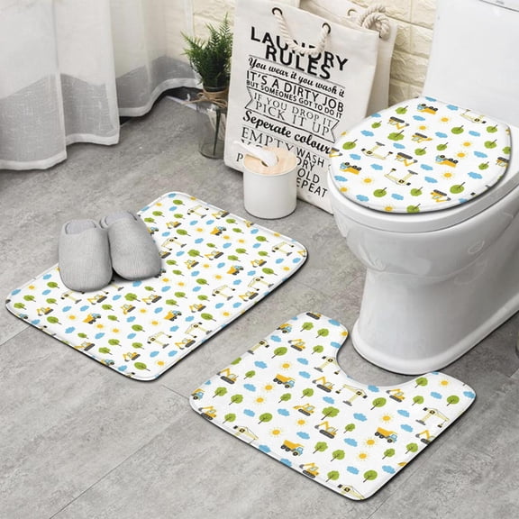 Excavator and Sun White Pattern 3 Piece Bathroom Rug Set, Non Slip Absorbent Bath Mats with U-Shaped Contour Rug and Toilet Lid Cover