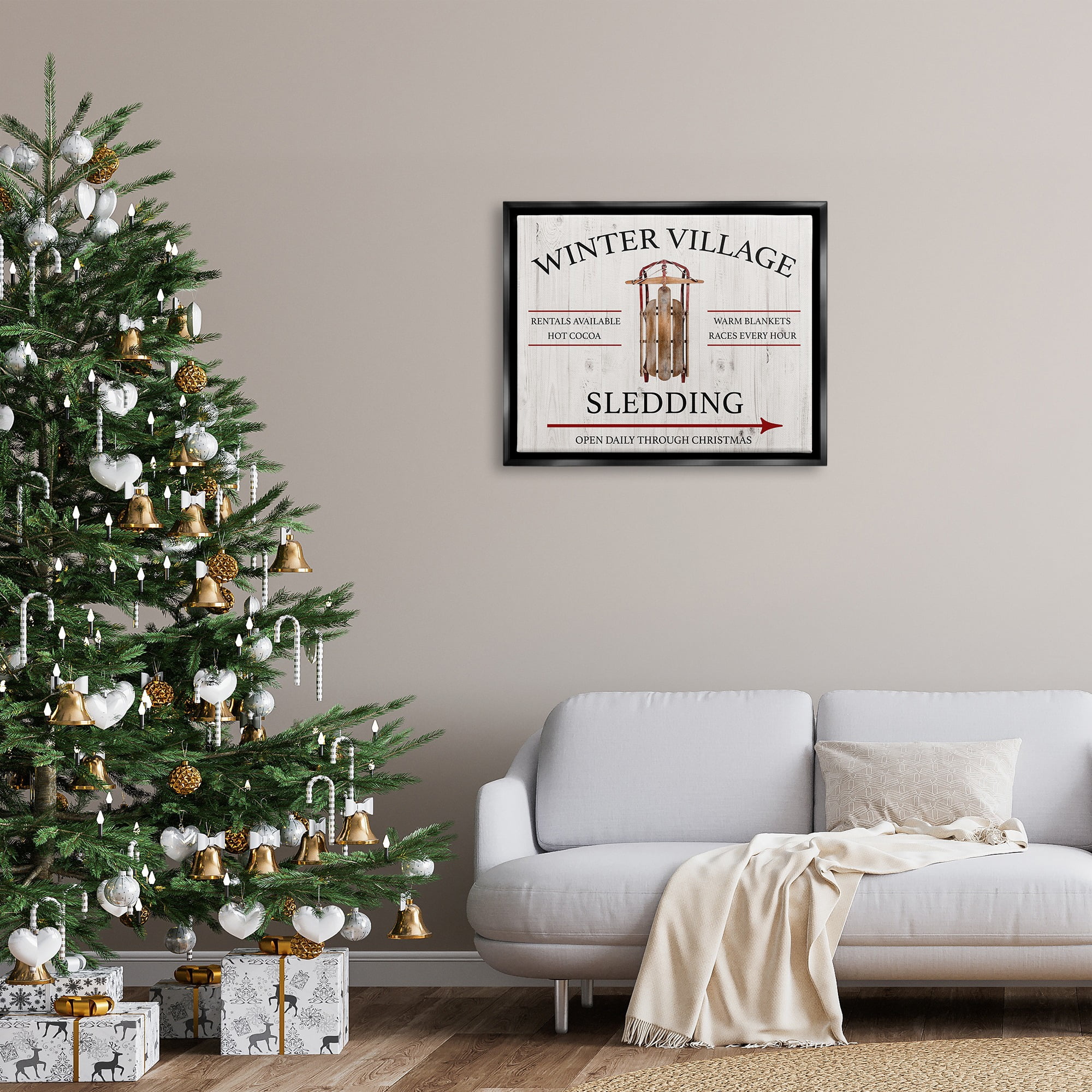Stupell Industries Winter Village Sledding Holiday Painting Black Floater Framed Canvas Art Print Wall Art, 31 x 25