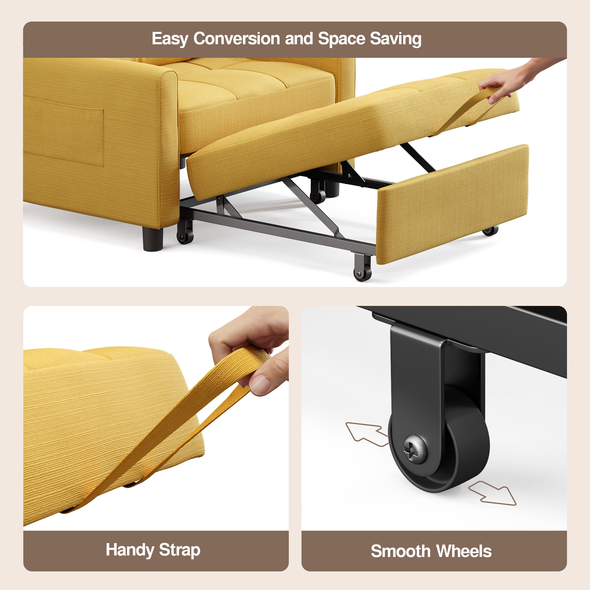 Adjustable Backrest Convertible Sofa Bed, 3-in-1 Linen Reclining Sleeper Chair, Multifunctional Couch for Living Room Bedroom Small Space, Yellow