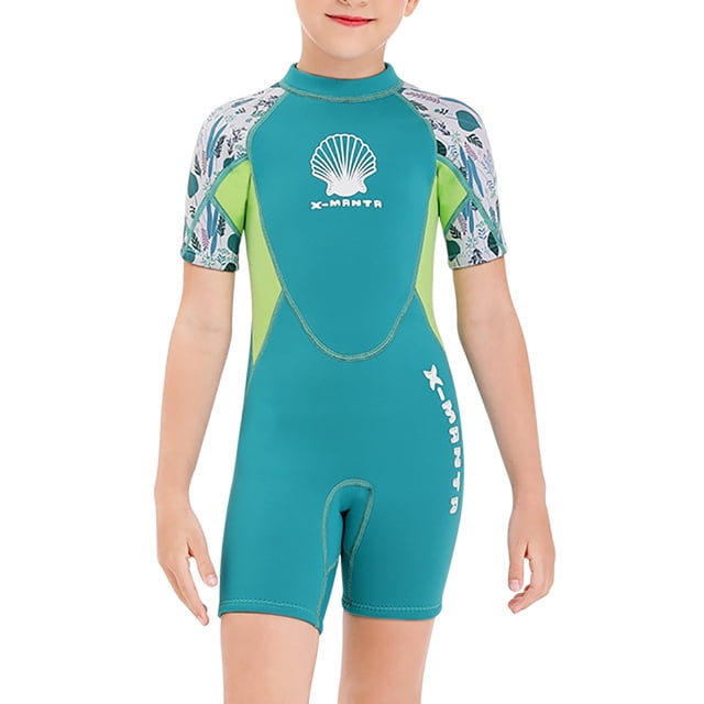 Becaristey DIVE SAIL Wear-resistant 2.5MM Neoprene Short Sleeved Short Pants Children Diving Suits Rash Guards Surfing Wetsuits Green XXL