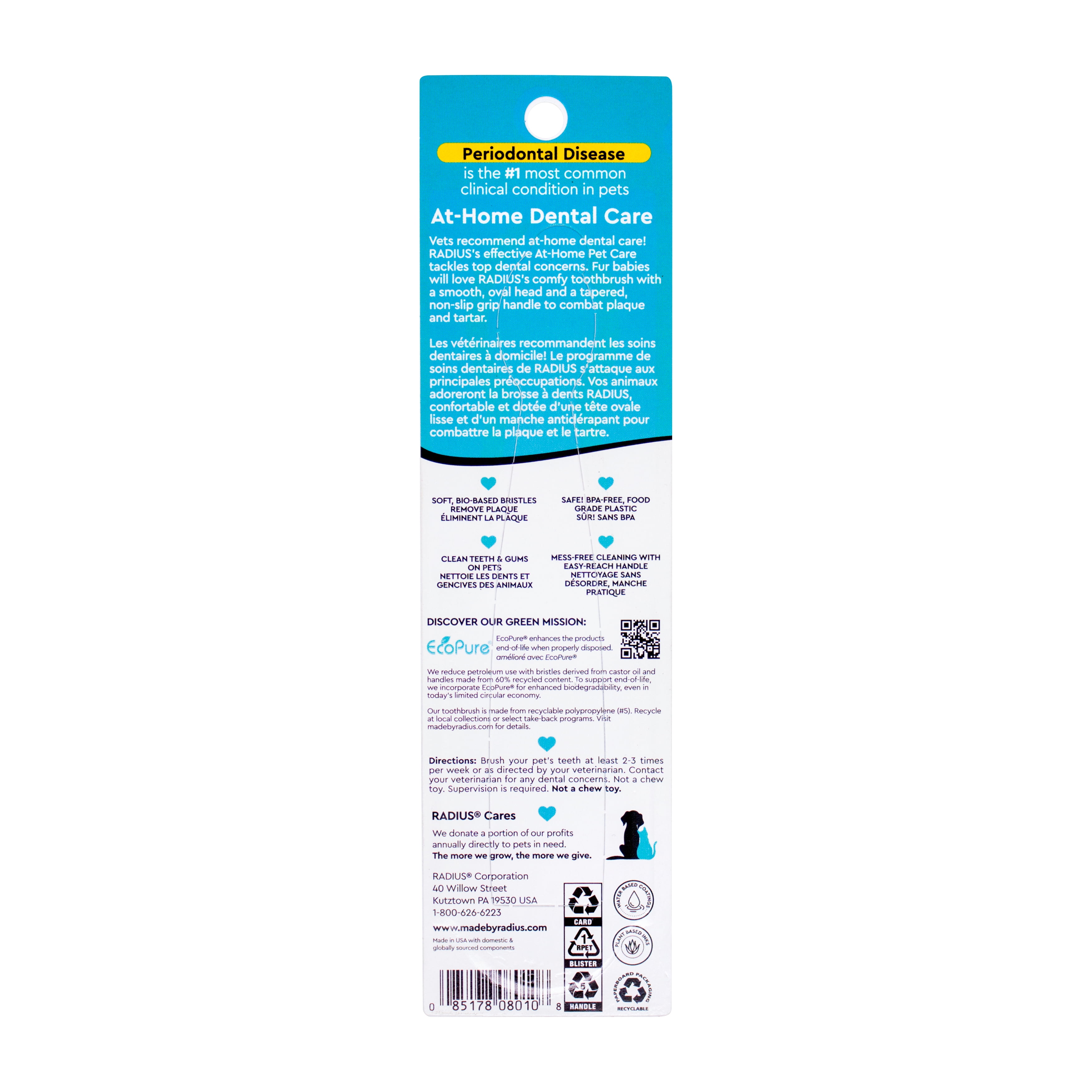 (4 pack) RADIUS Soft Bristle Organic Pet Toothbrush for Dogs and Cats