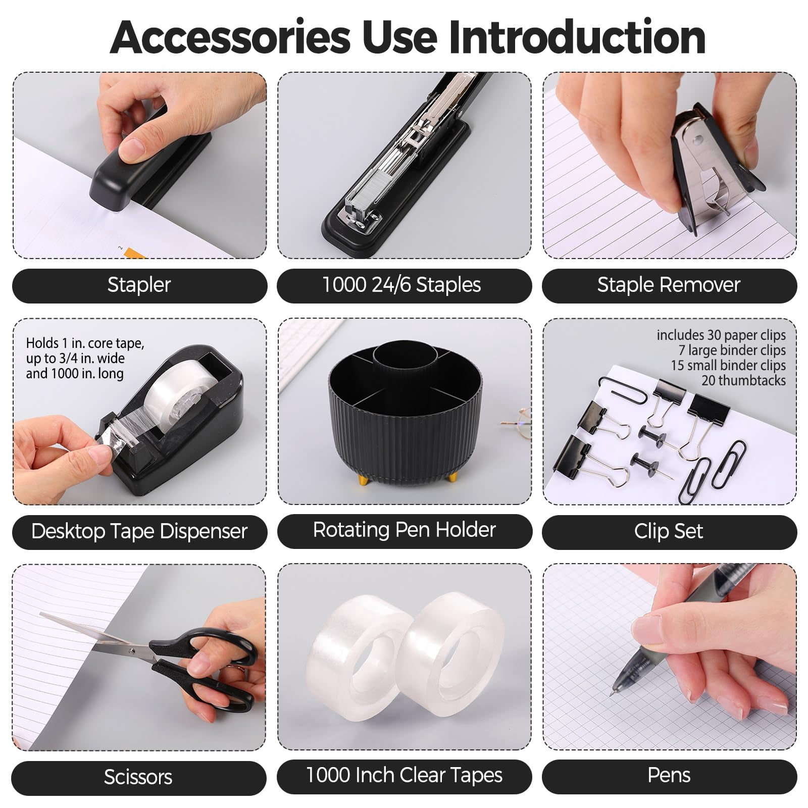 Black Office Supplies  Desk Accessories 10pcs Pencil Holder For Stapler Tape Dispenser Ruler Clips And 1000pcs Staples Set