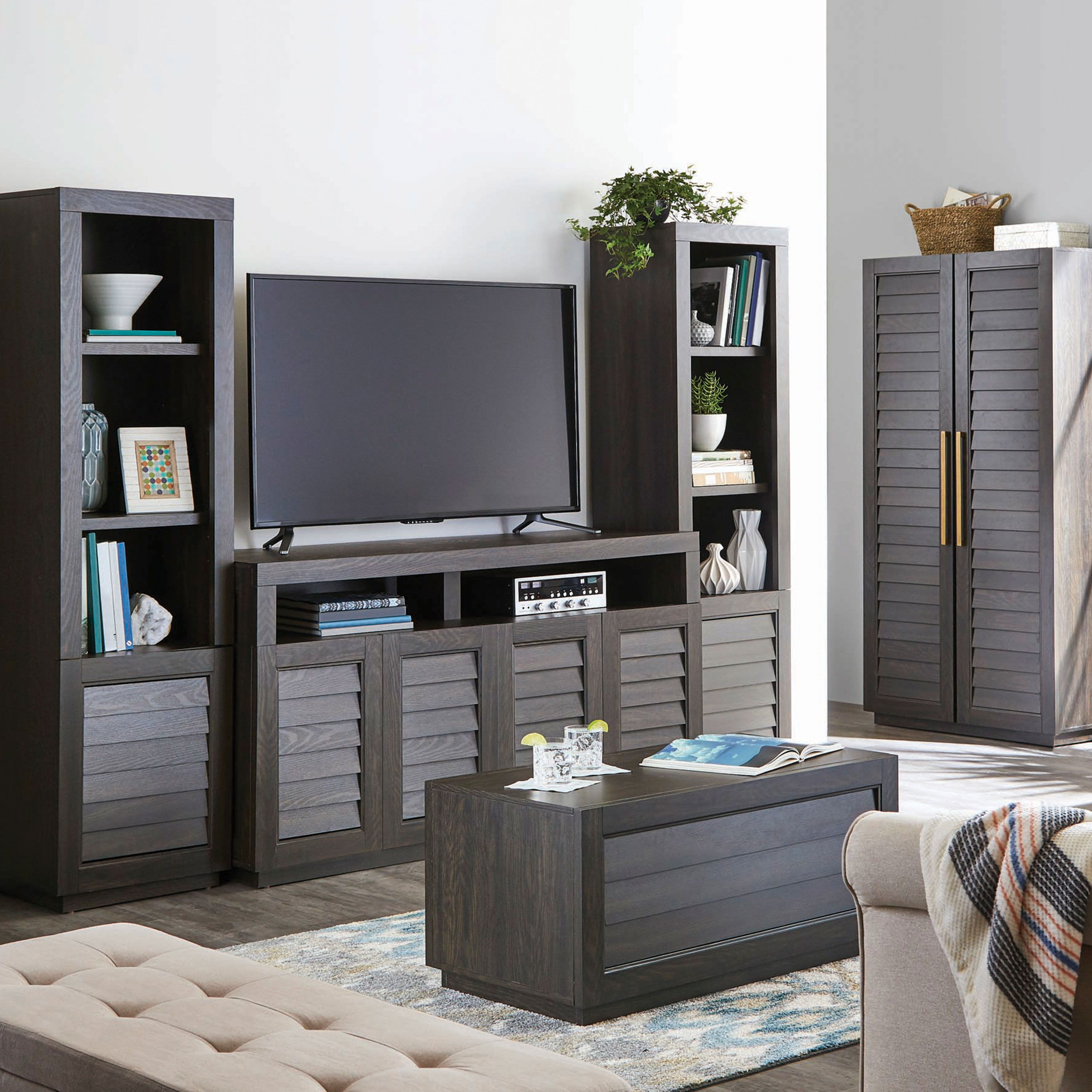 Better Homes Gardens Ellis Shutter Tower Bookcase And Cabinet Dark Oak Finish Walmart Com Walmart Com