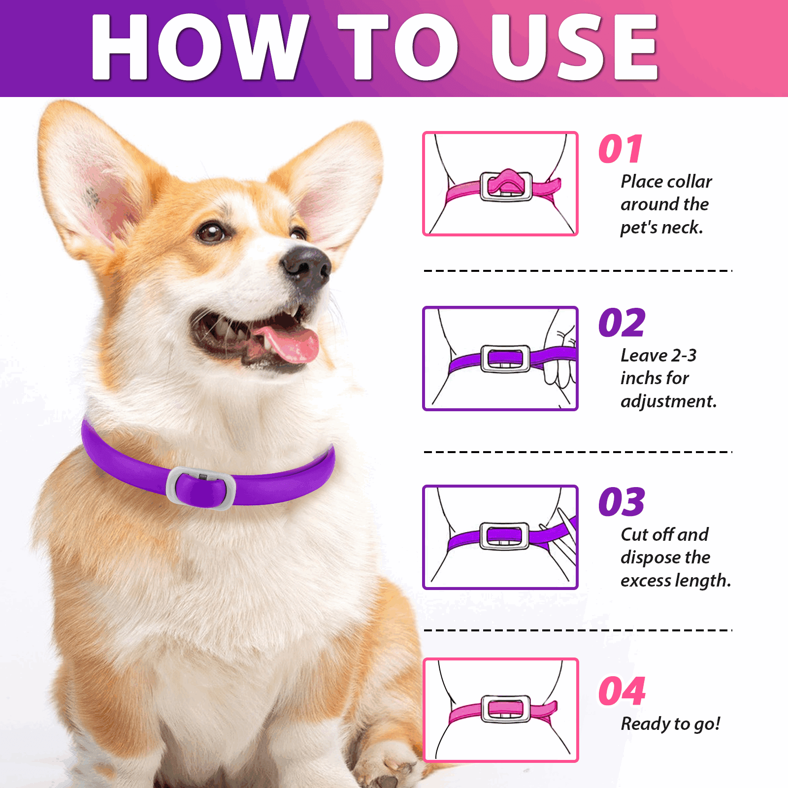 Oimmal Collar for Dog and Puppy, 24 Months Protection, 19inch Adjustable, Waterproof, Natural Ingredients, 4 Collars - Pink & Purple