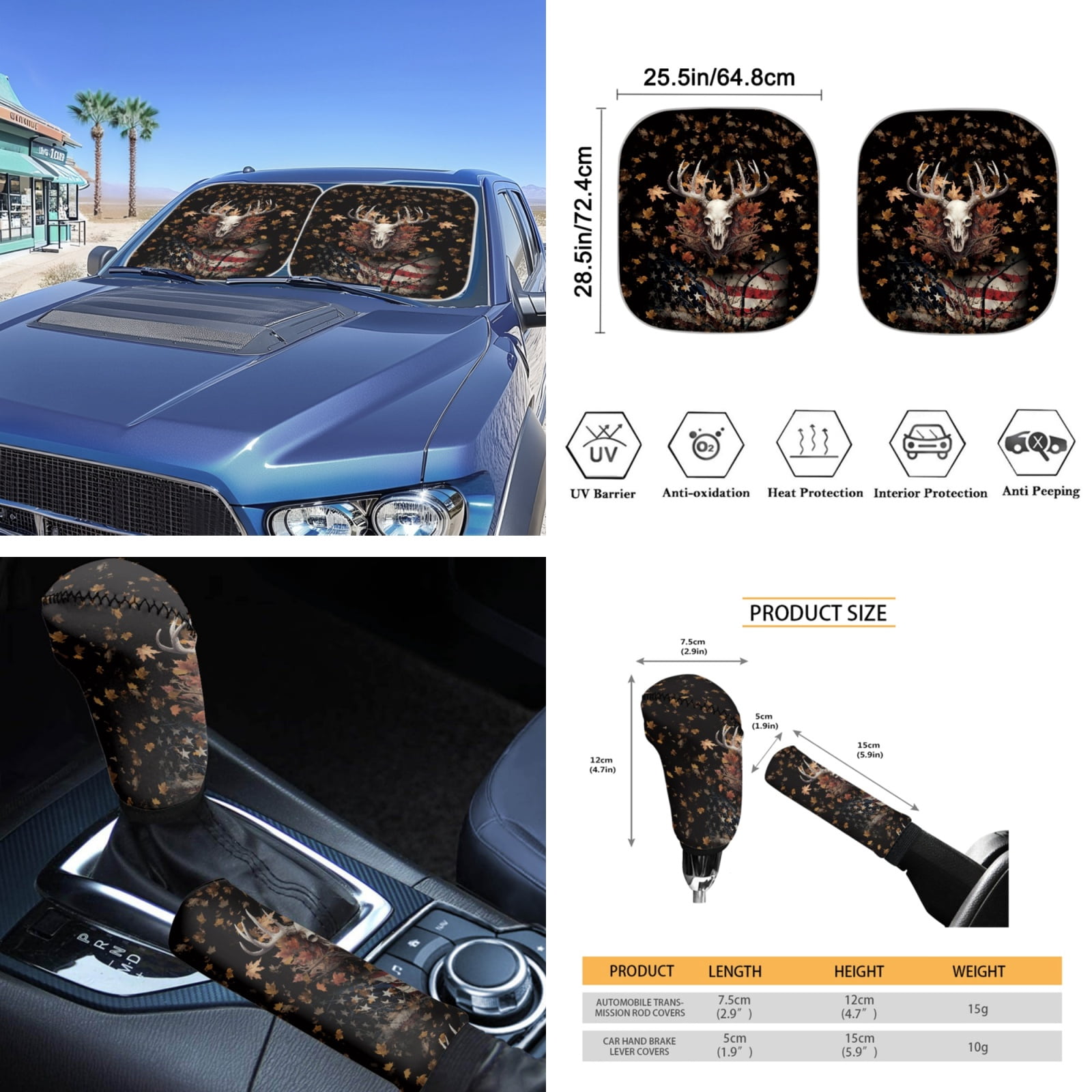 Yuyamidu Deer Car Seat Covers Full Set with Steering Wheel Cover Seat Belt Strap Pads American Flag Gear Shift Cover Hand Brake Cover Sun Visor Car Coasters Rearview Mirror Cover Keychain 16 PCS