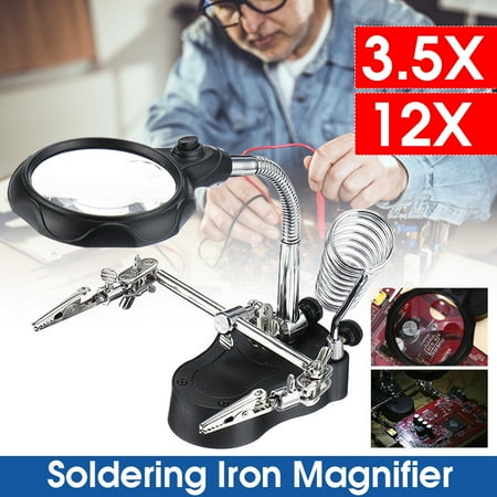Helping Hands Soldering Stand Magnifier, 3.5X&12X Lens with Soldering Iron Stand Adjustable Clip Clamps LED Magnifying Glass Len Workstation Light Battery Powered