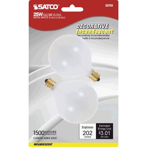 Satco S3753 - 25 watt G16 1/2 Incandescent; Satin White; 1500 average rated hours; 202 lumens; Candelabra base; 120 volts; 2/Card