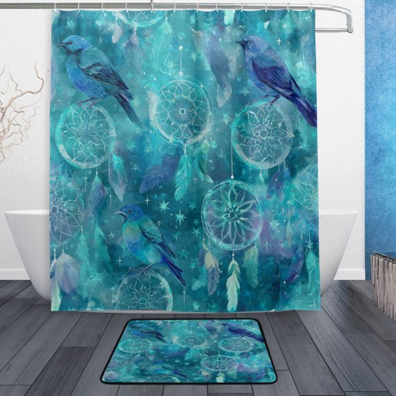 TTYFWHD 60" x 72" Shower Curtain and Bath Mat Set Dreamcatchers and Birds Waterproof Bathroom Curtain with 12 Hooks, Bathroom Decor Set