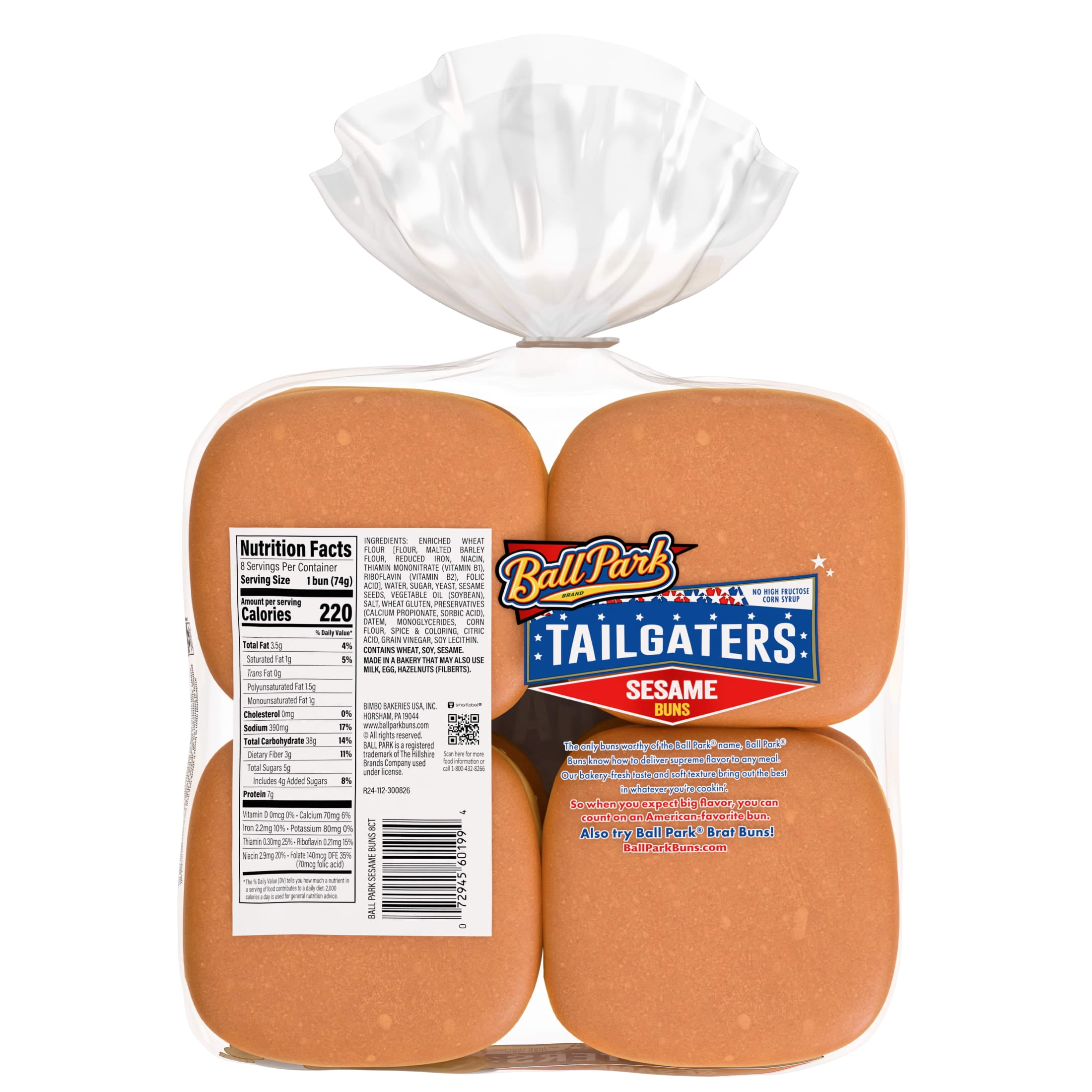 Ball Park Tailgaters Sesame Buns, 8 count, White Hamburger Buns, 21 oz Bag