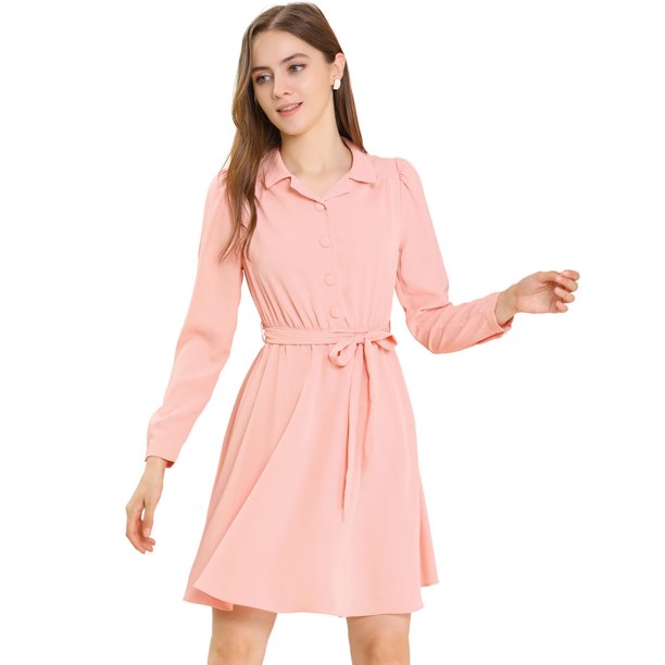 Allegra K Vestido Entallado Y Acampanado Cuello Vuelto Cintura Elástica Con Cinturón Botón Para Mujer Rosa L