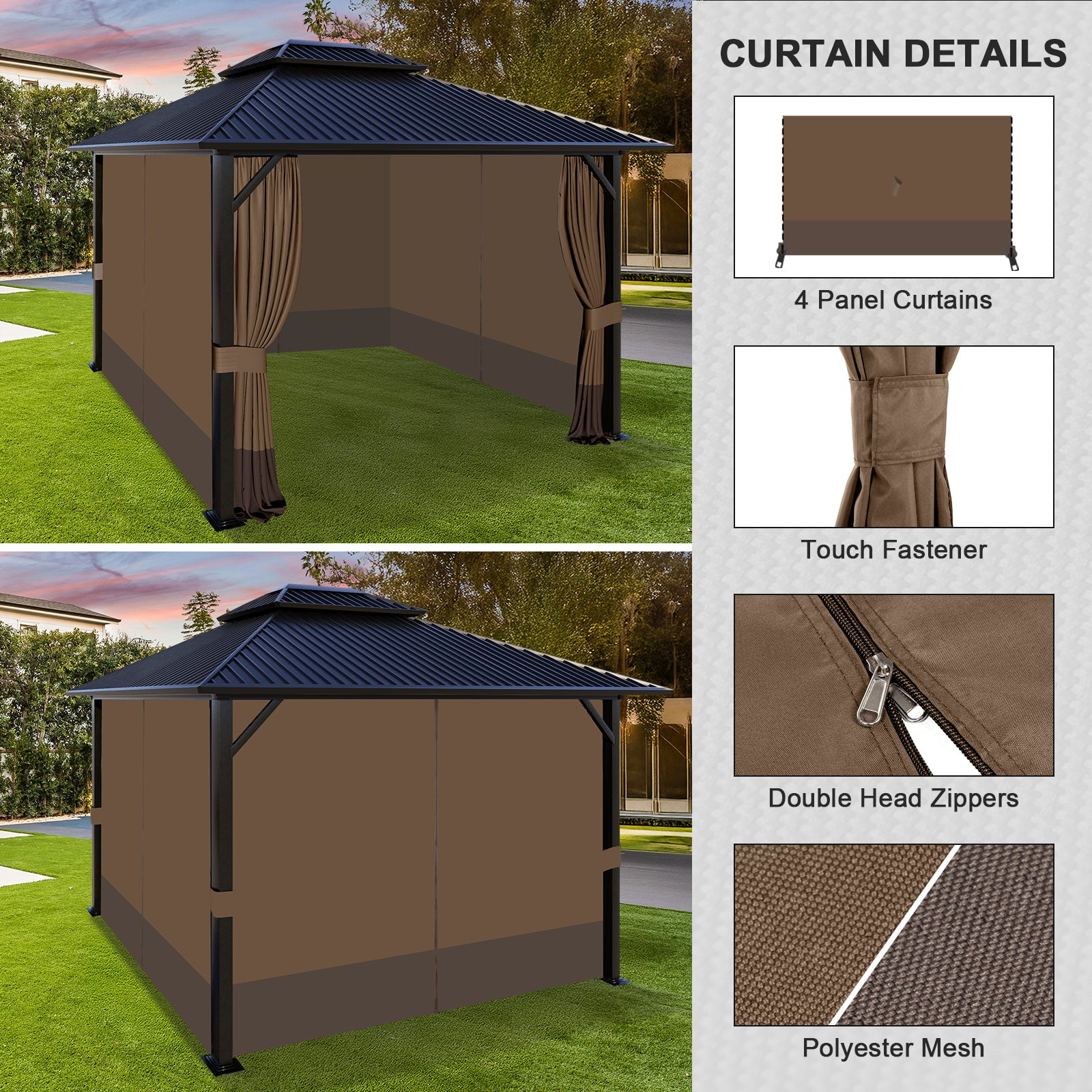 Aoodor 10' x 12' Gazebo Curtain Set Protecting Privacy Side Walls 4 Panels, Curtain Only - Brown and Coffee