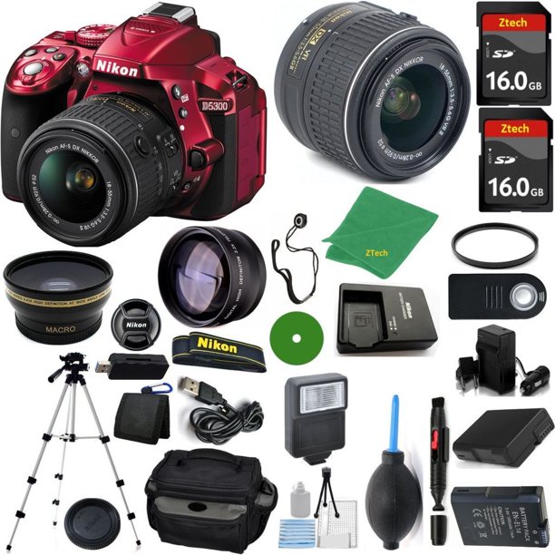 Nikon D5300 Red DSLR - Versión Internacional , 18-55 Mm f/3.5-5.6 DX AF-P, 2 Unidades de Memoria de 16 Gb, Estuche para Cámara, Gran Angular, Teleobjetivo, Flash, Batería, Cargador