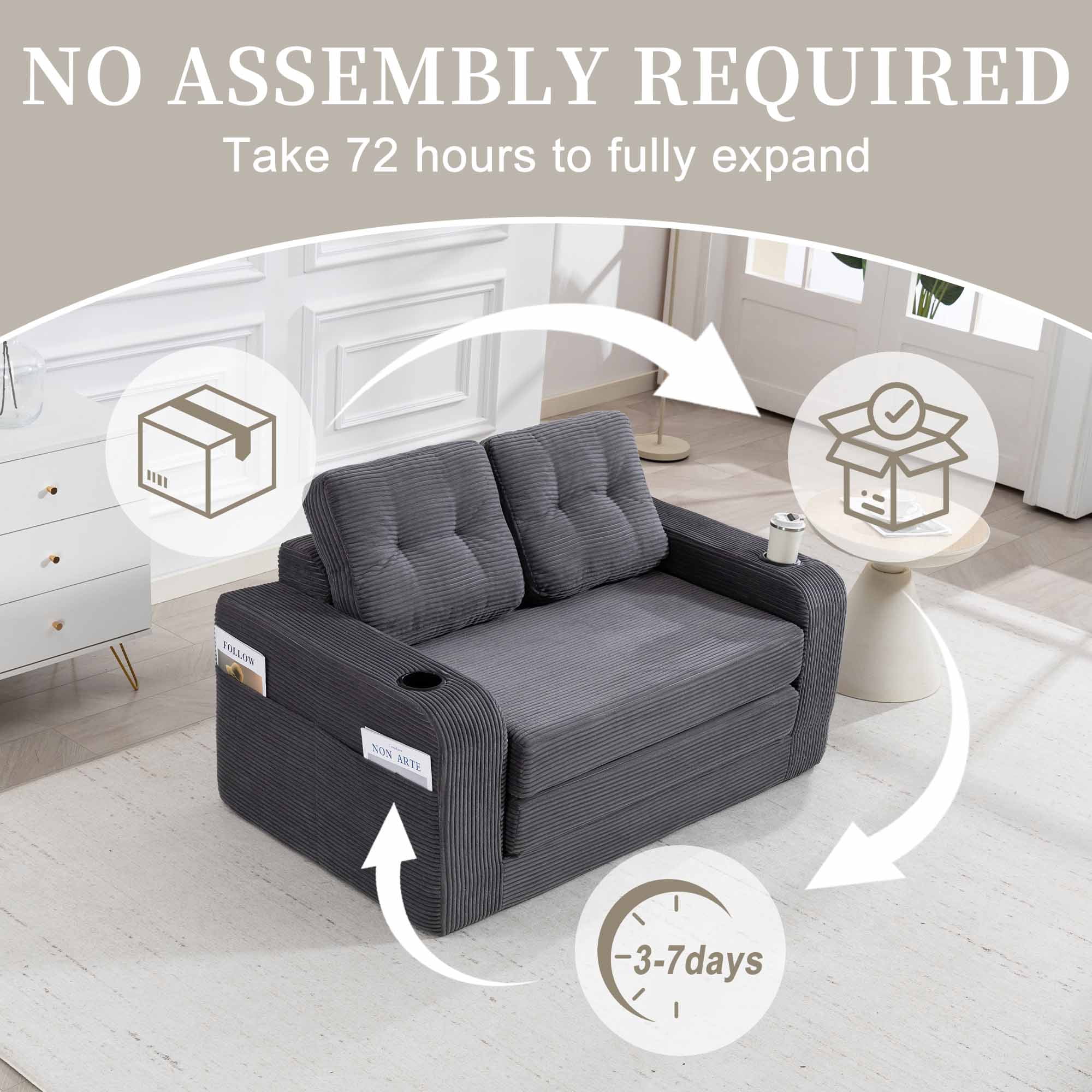 Lunale 54" Convertible Sofa Bed, Small Boneless Cloud Couch with Cup Holders, No Assembly Required, Corduroy Floor Sleeper Sofa, Gray