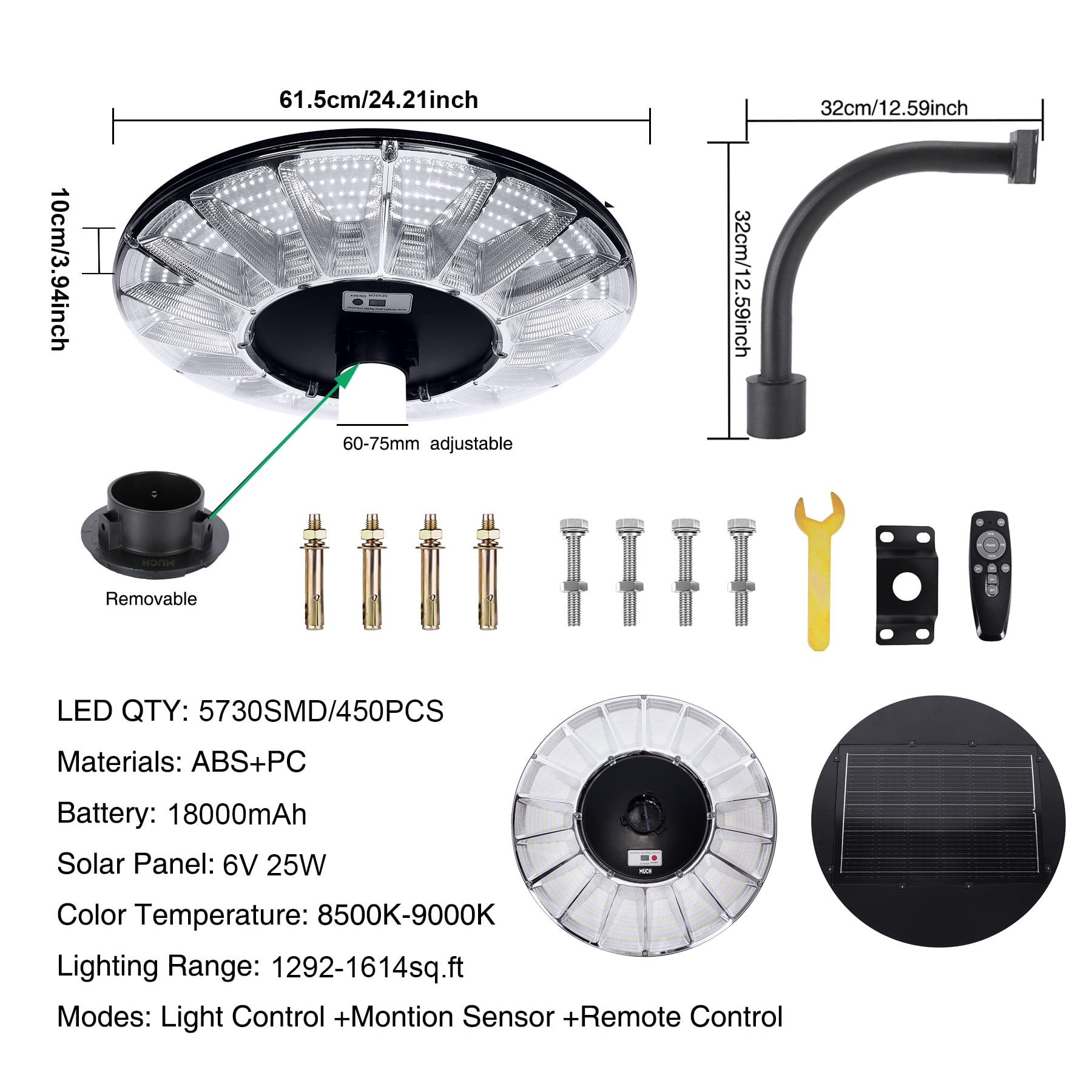 MUCH 10000W Extra Large Solar Light Post Light, 360° Round Solar Street Light Outdoor Waterproof Montion Sensing Dusk to Dawn Lamp with Remote and Pole for Garden, Patio,Road,Countr yard
