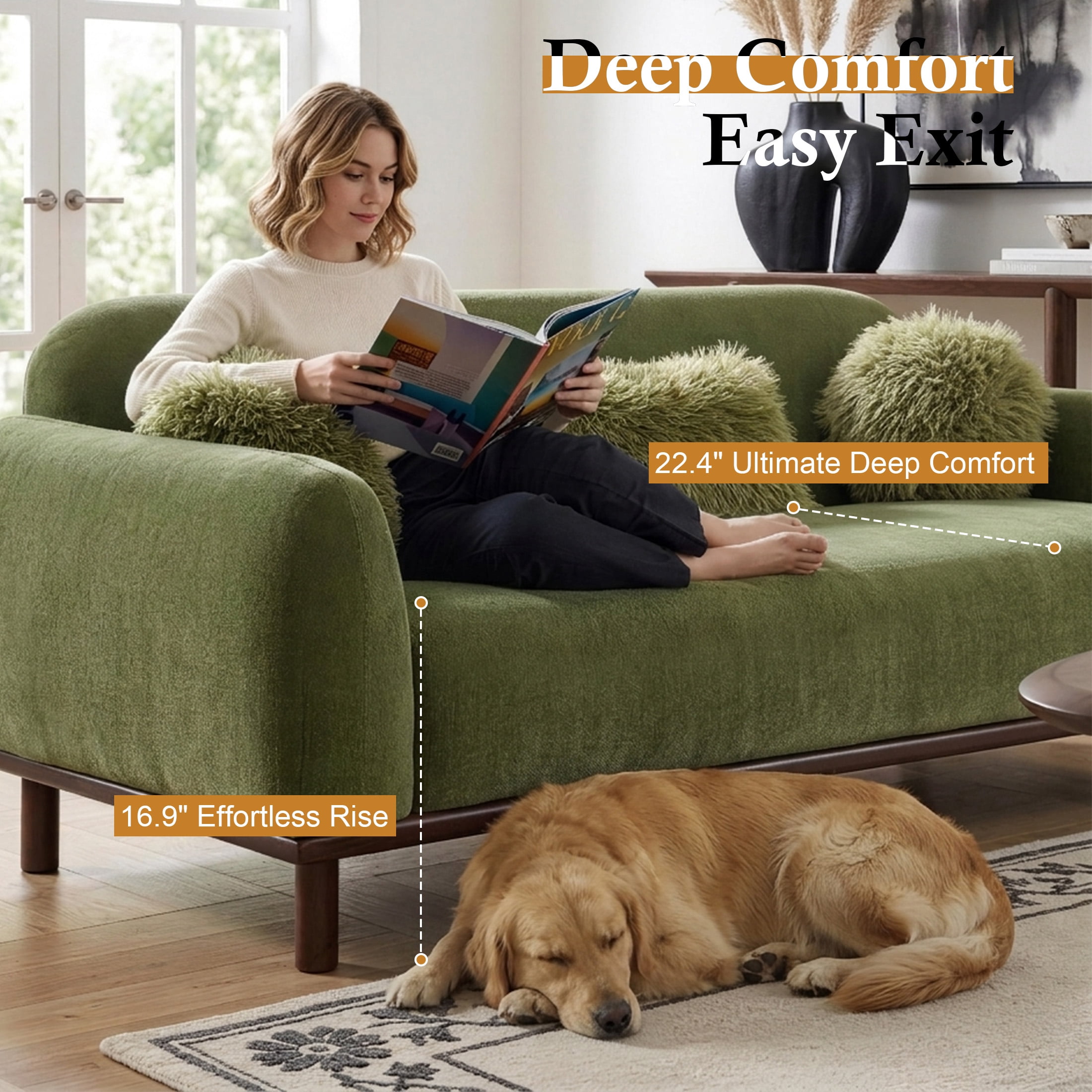 Aukfa 84" Contemporary Sofa, 3 Seater Couch for Living Room, Chenille, Green