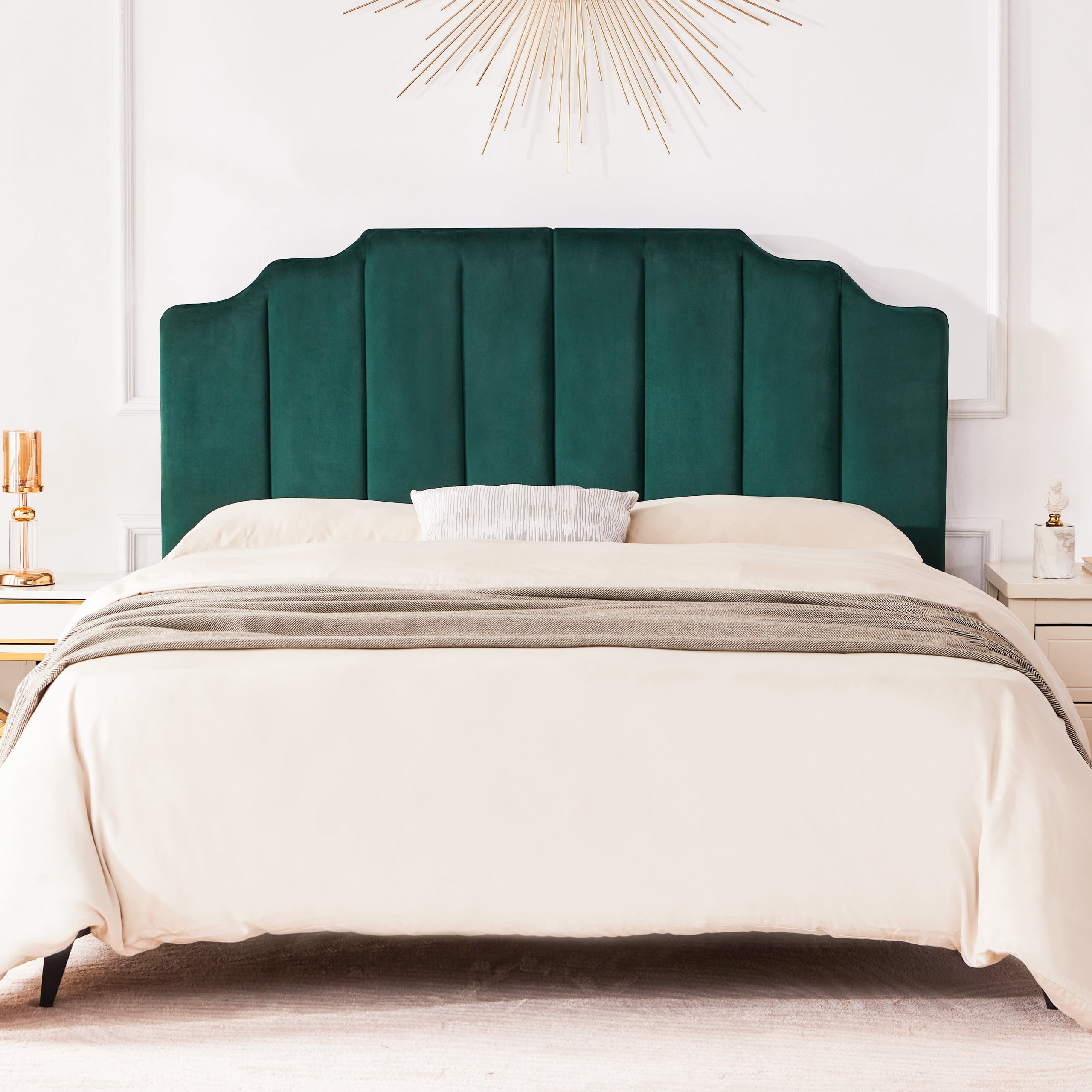 Weture Tufted Velvet Upholstered Sleigh Headboard, Queen, Dark Green