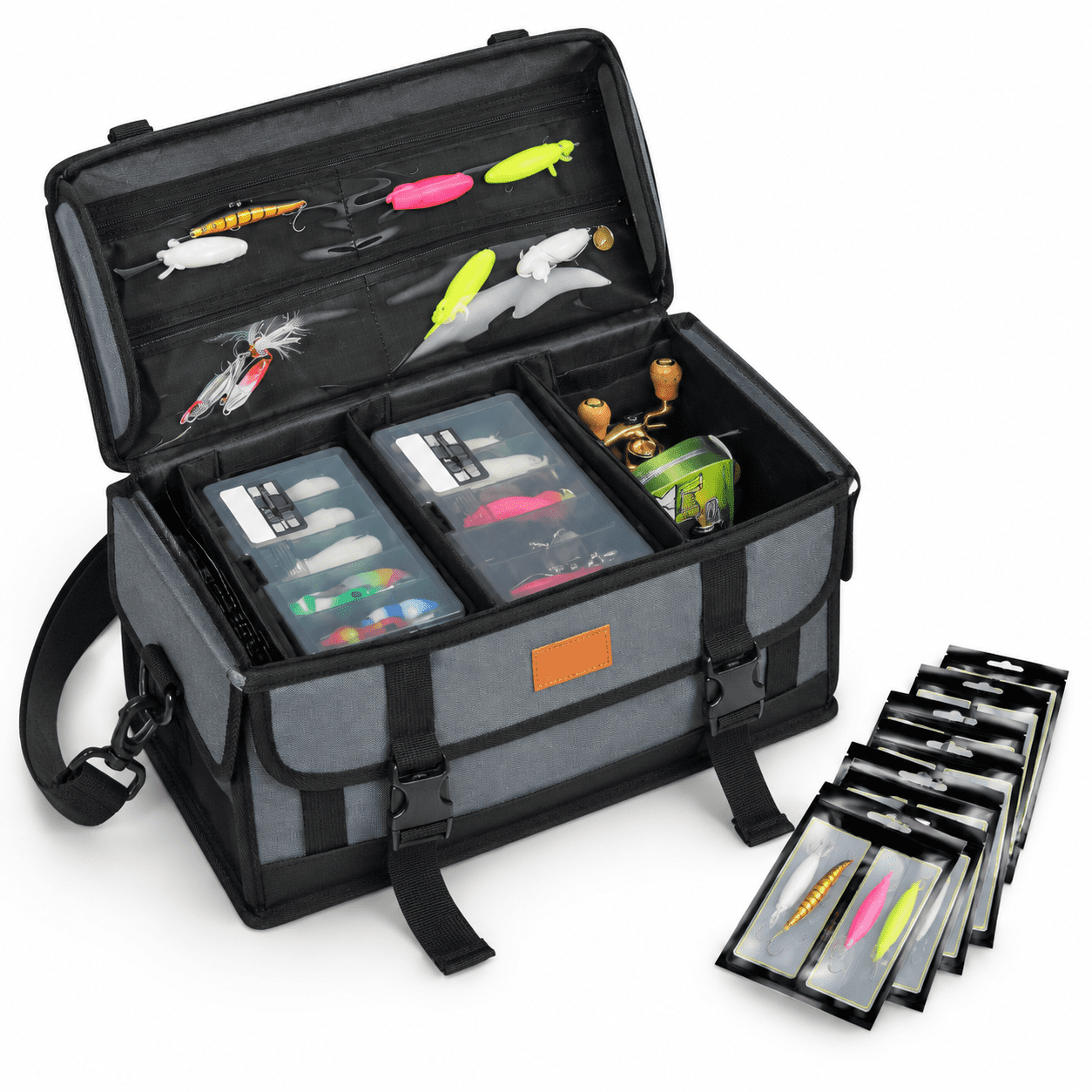 Soft Plastic Bait Storage Fishing Tackle Bag with 20 Pouches and Adjustable Strap