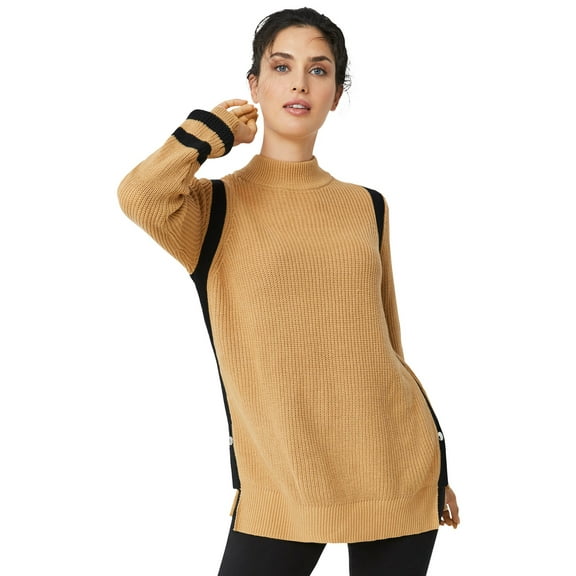 ellos Women's Plus Size Side Stripe Mockneck Sweater - 34/36, Soft Camel