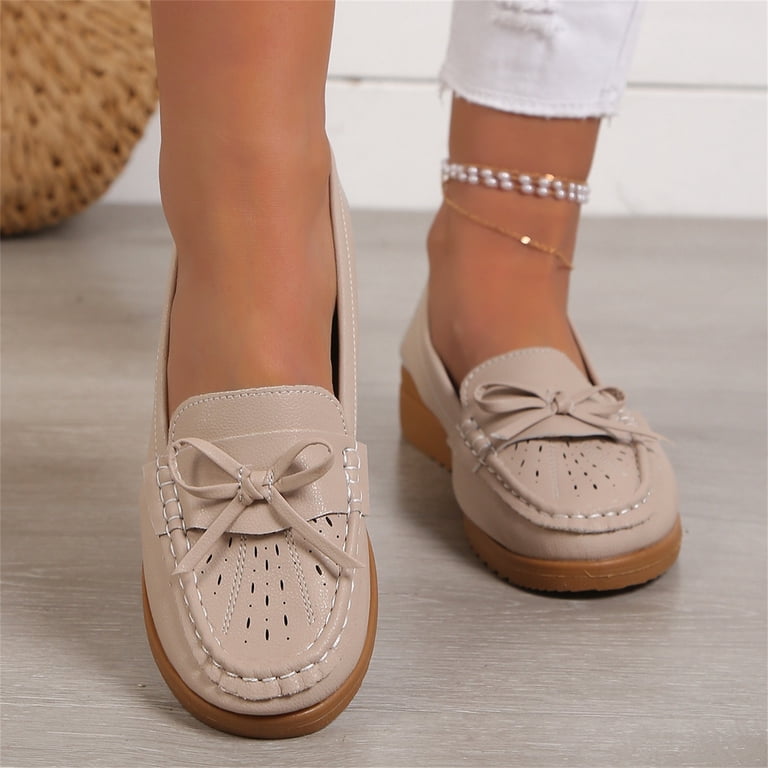 Nokio Female Dress Shoes Elegant Women'S Slip-Ons Affordable Women'S Flat Footwear Ladies Fashion Solid Color Breathable Hollow Leather Bow Decorated
