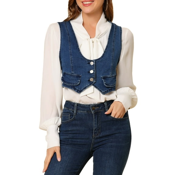 INSPIRE CHIC Women's Denim Button up Scoop Neck Sleeveless Coppped Vest Jacket L Dark Blue