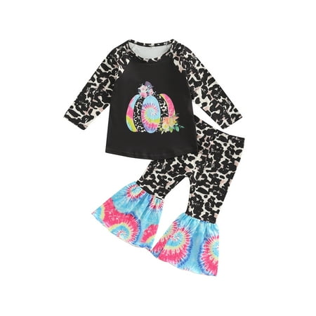 

Suanret 2Pcs Kids Toddler Girls Halloween Clothes Sets Long Sleeve Pumpkin Leopard Print Tops + Flared Pants Outfits Tie Dye 2-3 Years
