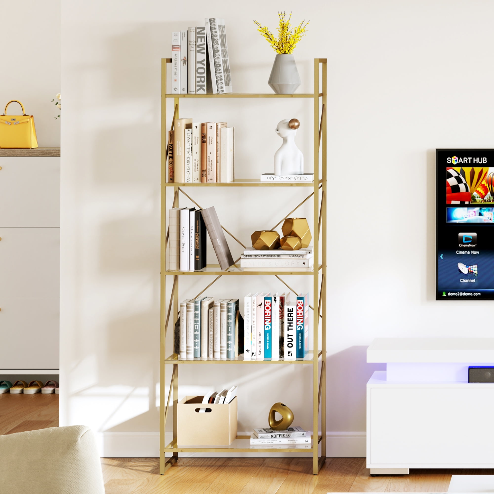 Dextrus 5-Tier Gold Bookshelf, Modern Open Display Bookcase with Metal Frame for Living Room, Bedroom & Office