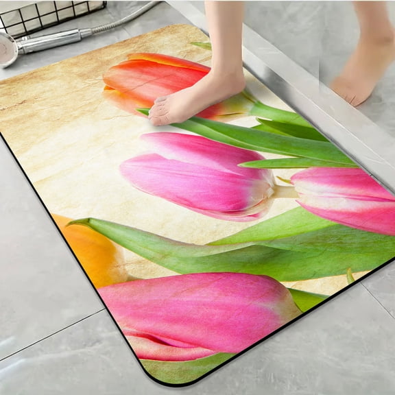 1pc Tulips on Wooden Background Bathroom Rug Bathroom Decor and Accessories- Durable,Anti Slip,And Quick Drying,Suitable For Indoor/outdoor Use - Perfect For Bathrooms,Bedrooms,Kitchens