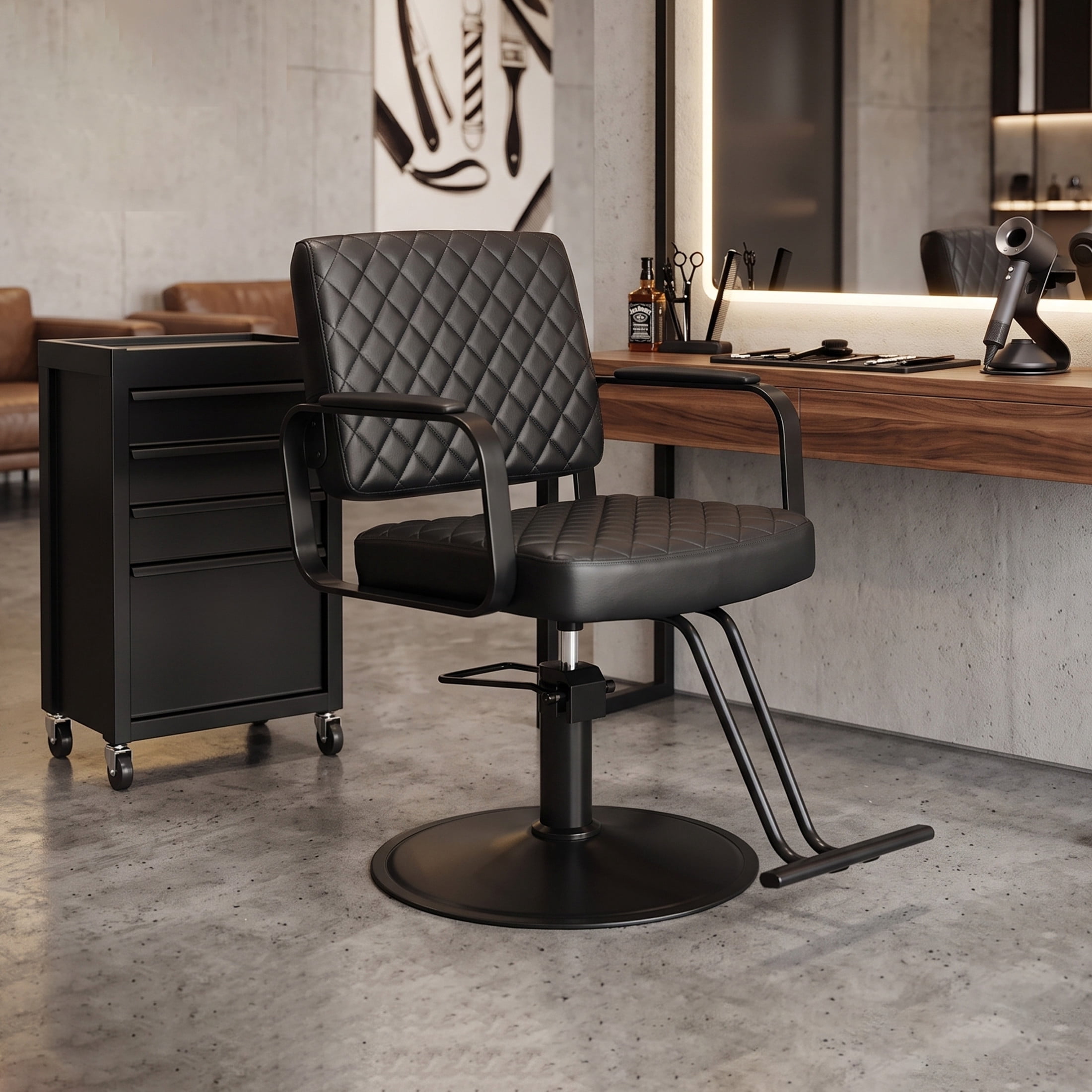 Noble House 360° Swivel Adjustable Salon Styling Chair, Diamond-Quilted PU Upholstery, Black