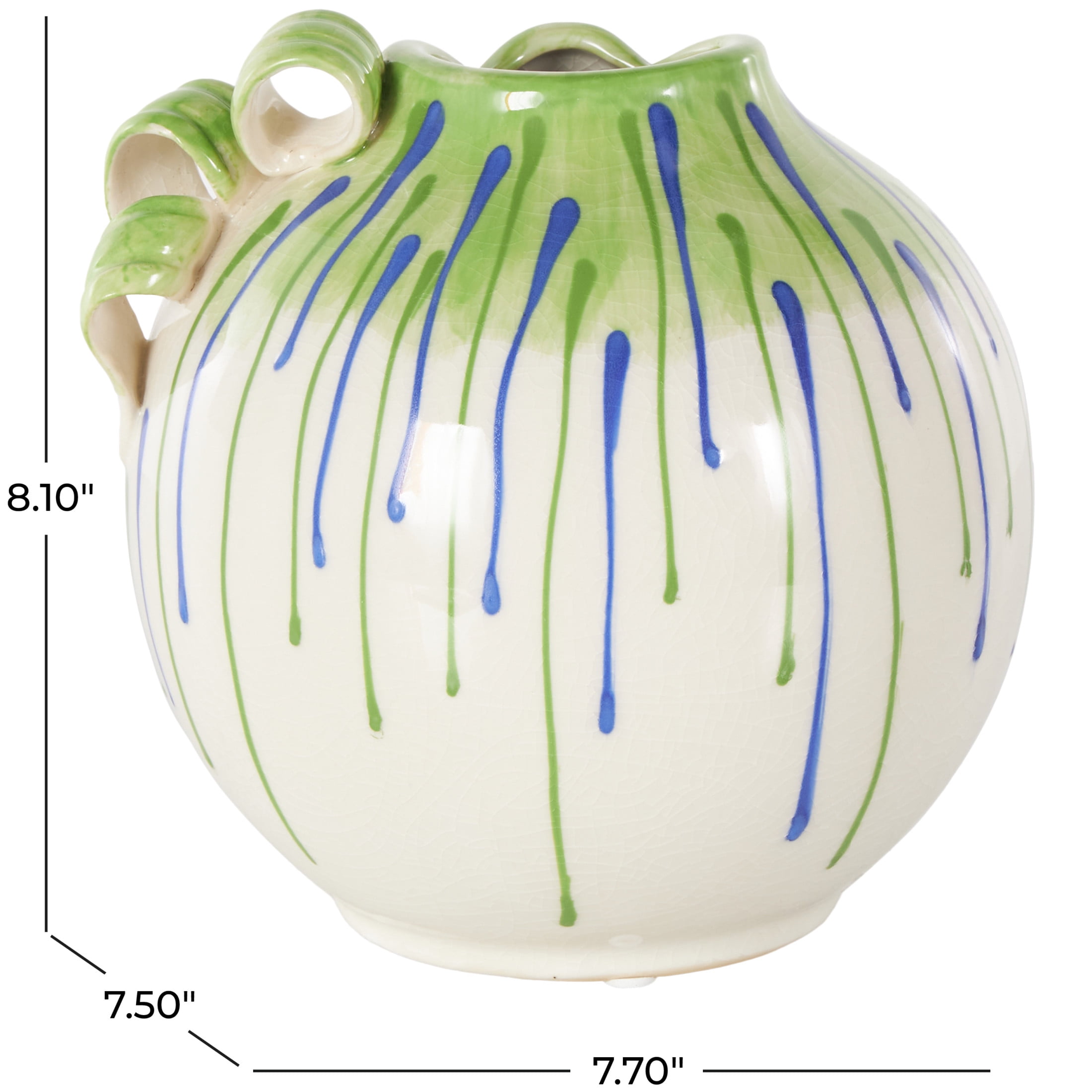 DecMode 8" Abstract White Ceramic Vase with Green and Blue Drip Design and Handles