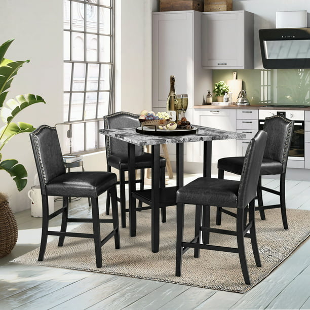 Furniture Black Chair Gray Table, Marble Dining Table With Leather Chairs