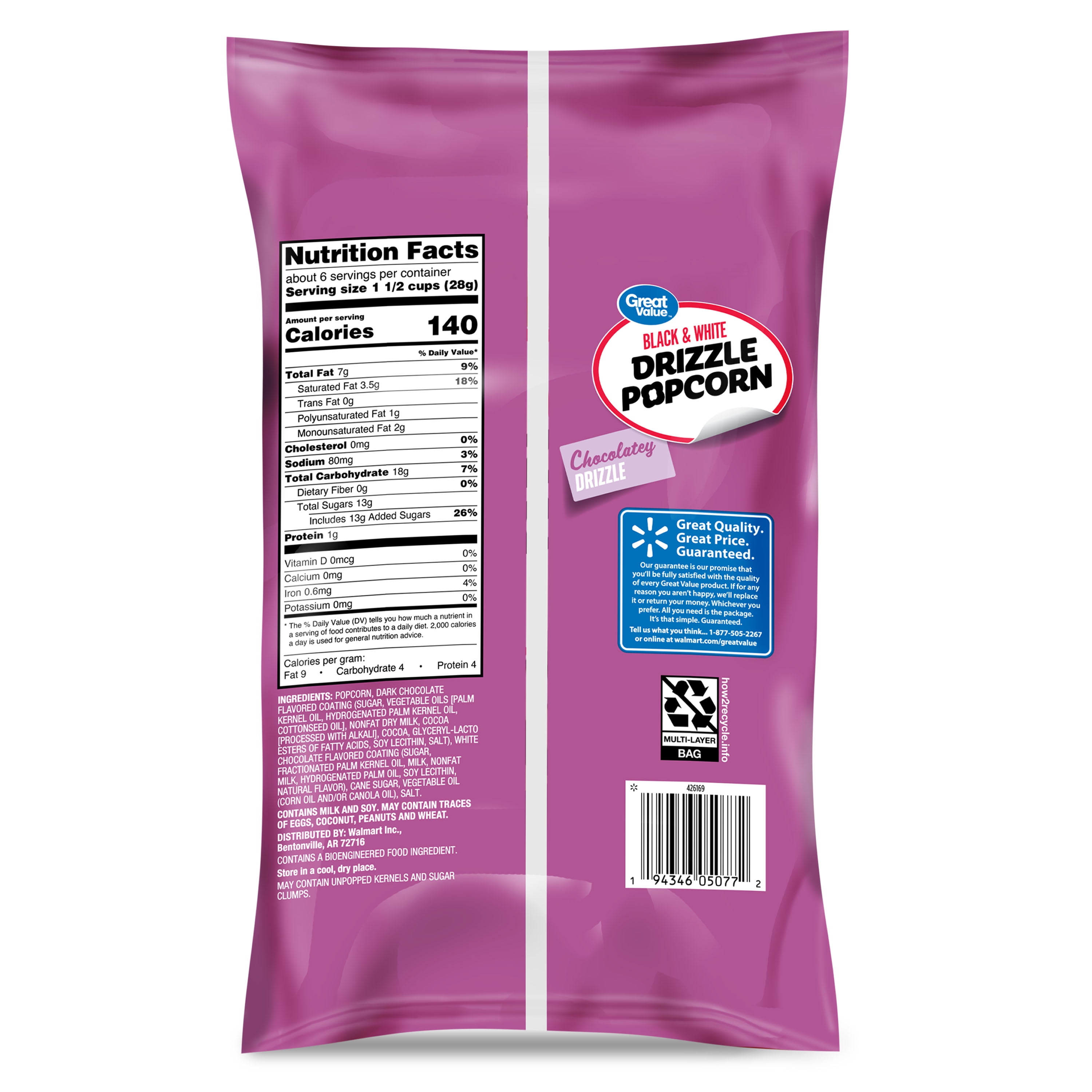 Great Value Black and White Drizzle Popcorn, 6 oz
